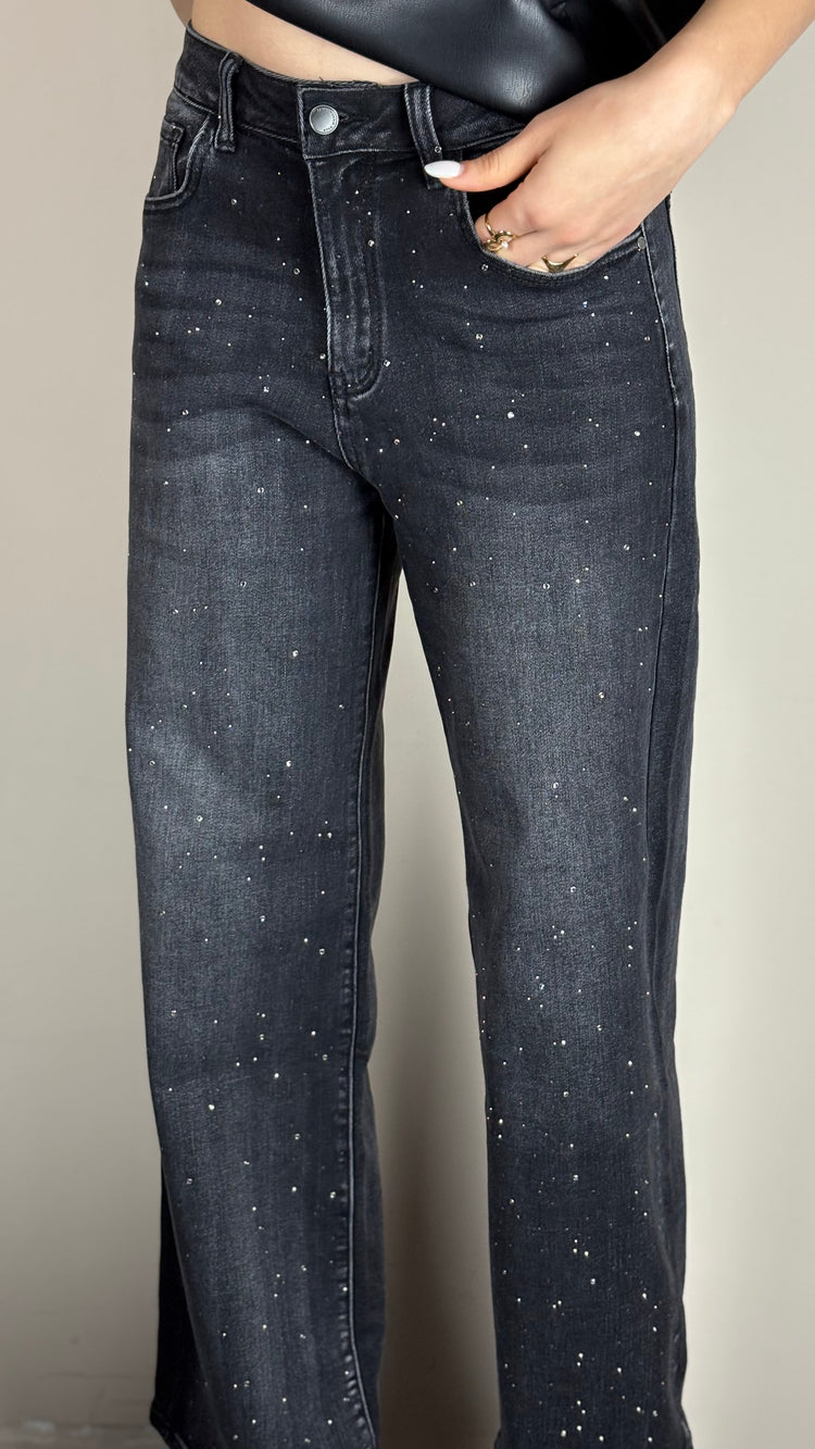 Shiny Black Denim – Jeans nero con micro-strass da donna